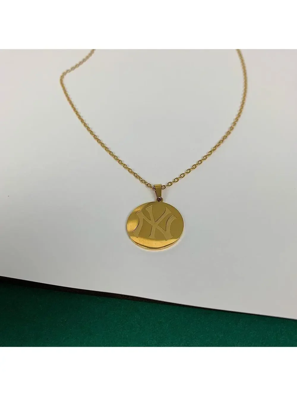 Y2k 2000s New York Yankees Circle Pendant Stainless Steel Gold Plated necklace.